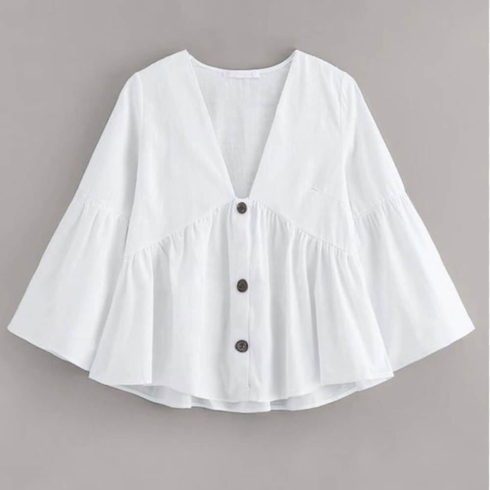 100% Linen White V-Neck Button-Front Women’s Top